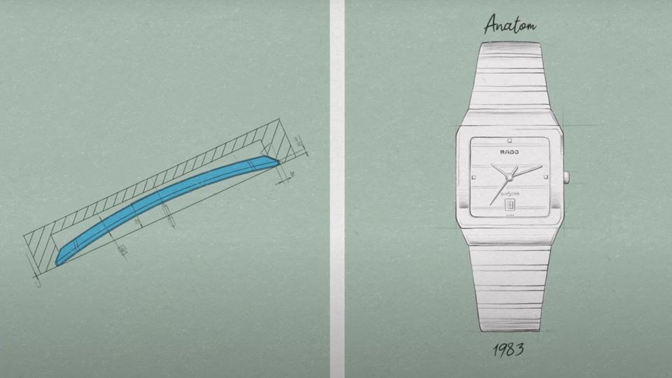 1983年RADO推出的首款Anatom，當時就可以切割出瓦片般的弧形藍寶石水晶鏡面，以技術來說是走得很前面的先驅。