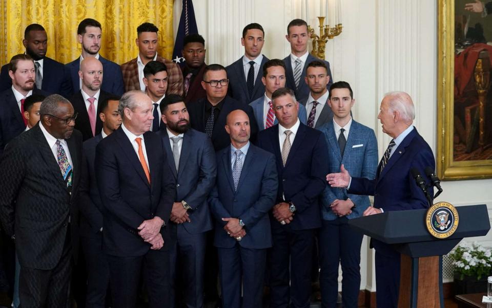 PHOTO: President Joe Biden speaks to team members at an event celebrating the 2022 World Series champions the Houston Astros at the White House in Washington, Aug. 7, 2023. (Kevin Lamarque/Reuters)