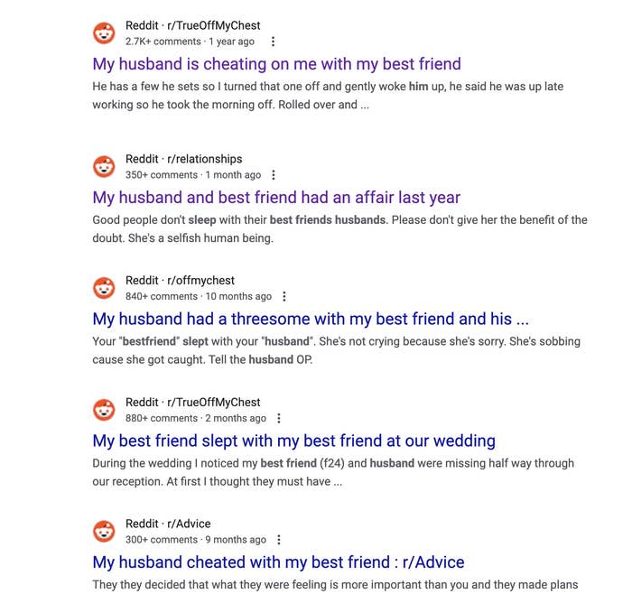 Google search results page for "husband slept with best friend," listing Reddit threads discussing infidelity and related experiences