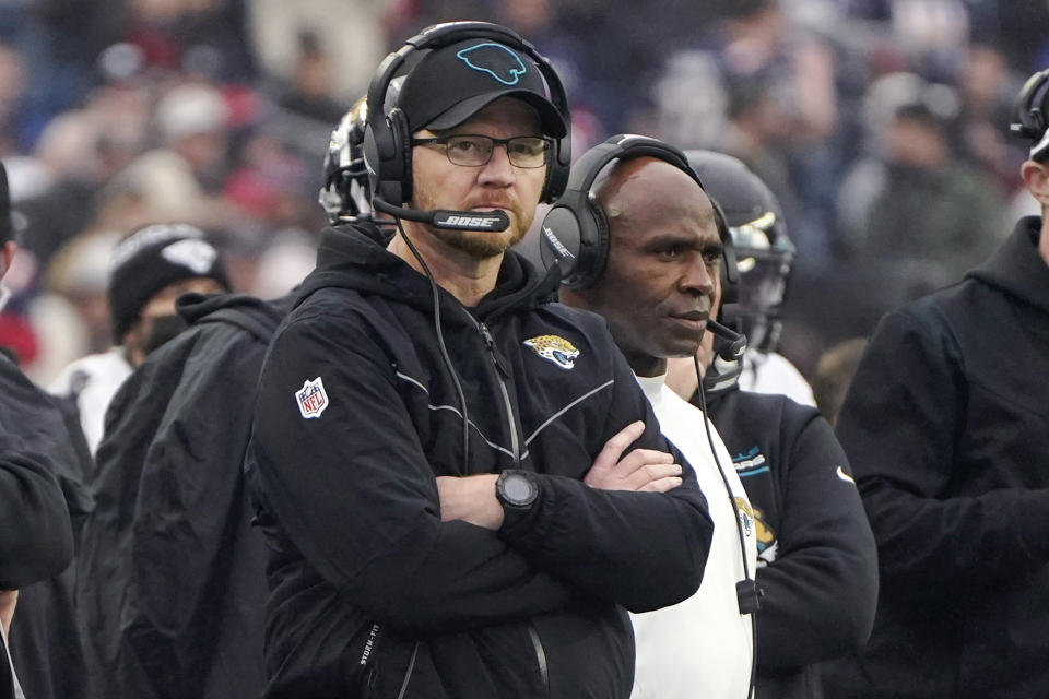 Jacksonville Jaguars interim head coach Darrell Bevell during the first half of an NFL football game against the New England Patriots, Sunday, Jan. 2, 2022, in Foxborough, Mass. (AP Photo/Steven Senne)