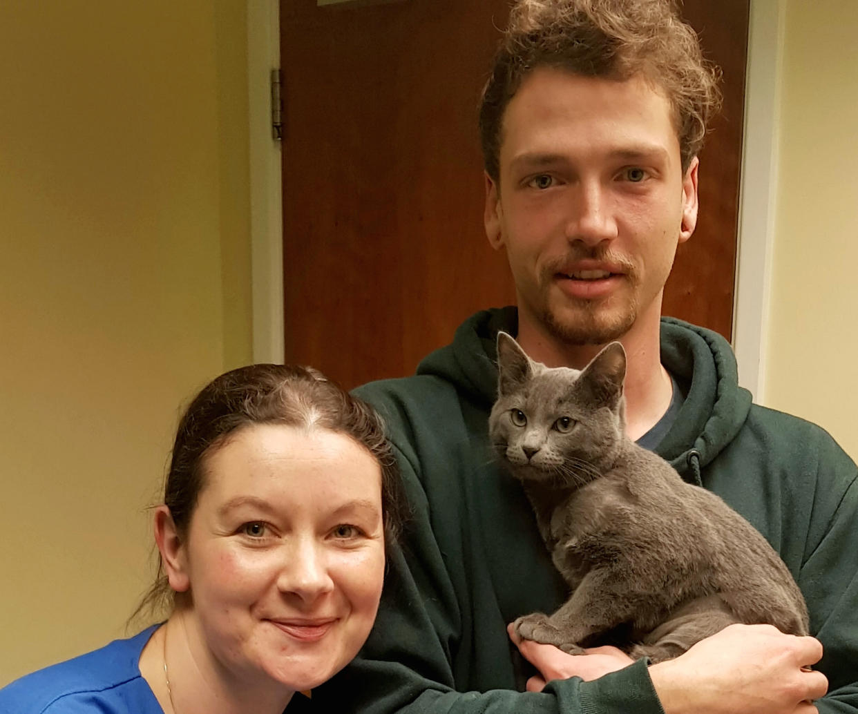 Vet Cat Piggott and Blu the kitten with owner Keir Walker. (SWNS)