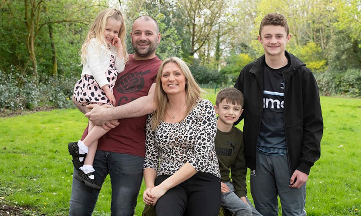 <span>Lyndsey Ainscough with her family, husband Christian, daughter Perry and sons Alfie (right) and Spencer. </span><span>Photograph: Karen Wright Photography/Christie NHS Foundation Trust/PA</span>