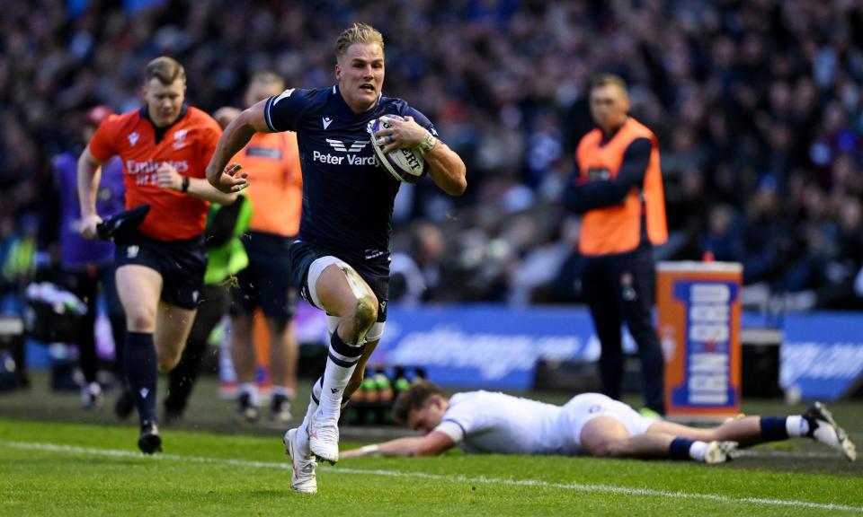 <span>Duhan van der Merwe breaks clear after evading Henry Slade’s tackle to score the second of his tries against England.</span><span>Photograph: Stu Forster/Getty Images</span>