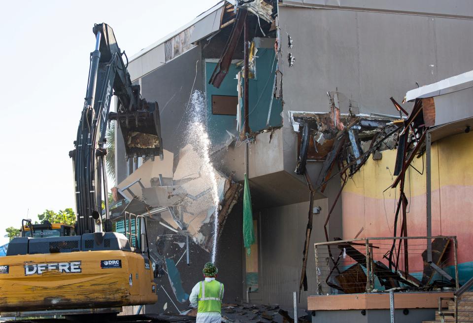 The demolition process starts on Fort Myers Beach Town Hall on Friday, August 4, 2023. The building was destroyed in Hurricane Ian.