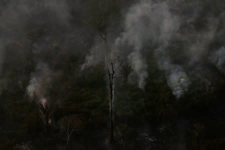 An aerial view of a burning tract of Amazon jungle as it is cleared by loggers and farmers near Porto Velho