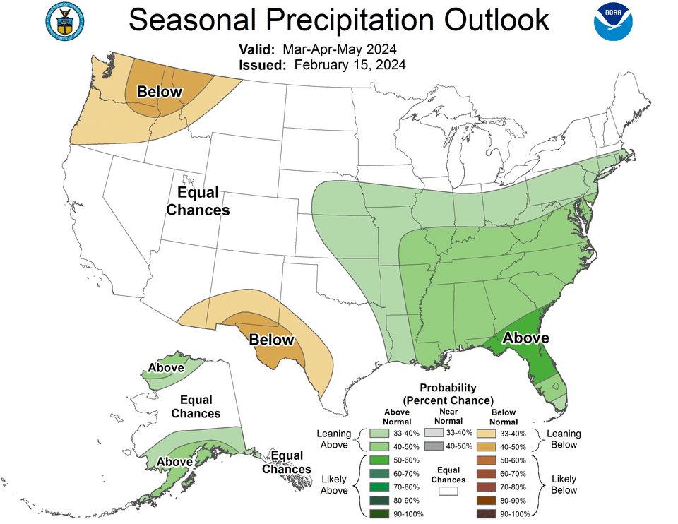 The National Oceanic and Atmospheric Administration released its seasonal precipitation and temperature outlook for the U.S.