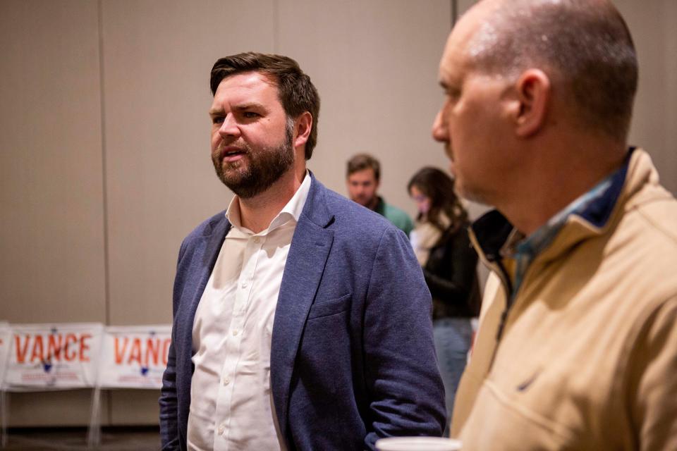 JD Vance, candidate for US Senate in Ohio, spoke during a town hall with voters at a campaign stop at the Cherry Valley Hotel as part of his "No BS" tour in Newark, Ohio on February 23, 2022.