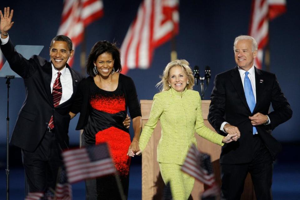 Barack Obama, Michelle Obama, Jill Biden and Joe Biden at an election night party at Grant Park in Chicago, 4 November 2008.
