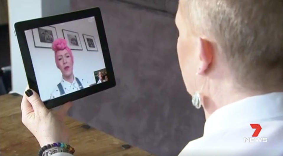 Lindsey has daily Skype sessions with Roisin, in pink turban. Source: 7 News