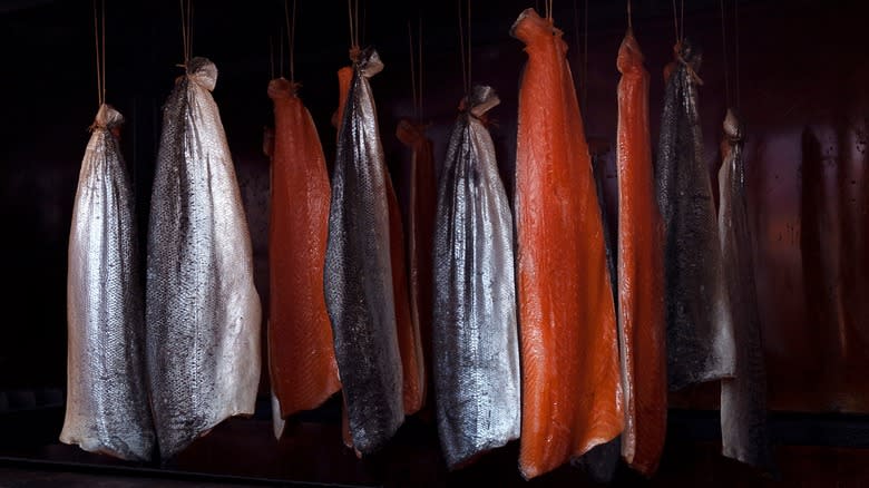 Hanging salmon fillets