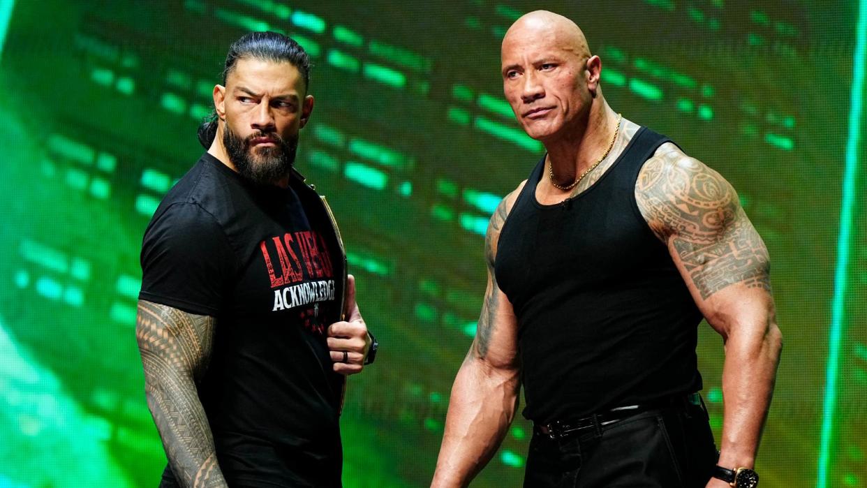  Dwayne "The Rock" Johnson and Roman Reigns during the WWE Wrestlemania XL Kickoff on February 08, 2024, at T-Mobile Arena in Las Vegas, NV. (Photo by Louis Grasse/PXimages/Icon Sportswire via Getty Images). 