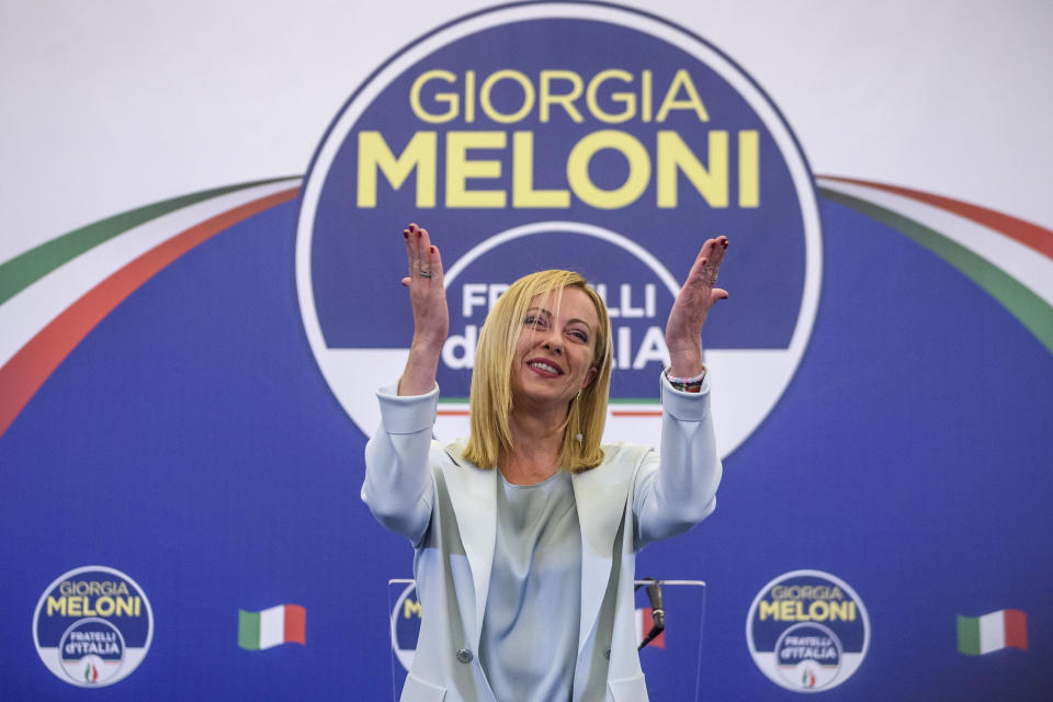 Giorgia Meloni, leader of the Fratelli d'Italia (Brothers of Italy) gestures during a press conference at the party electoral headquarters overnight, on September 25, 2022 in Rome, Italy. / Credit: Antonio Masiello/Getty