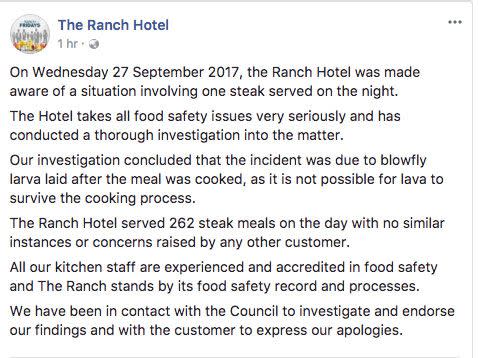 The hotel has posted a statement about the matter online. Source: The Ranch Hotel/ Facebook