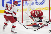 Florida Panthers goaltender Sergei Bobrovsky (72) stops a shot from Carolina Hurricanes right wing Stefan Noesen (23) during the second period of Game 3 of the NHL hockey Stanley Cup Eastern Conference finals, Monday, May 22, 2023, in Sunrise, Fla. (AP Photo/Wilfredo Lee)