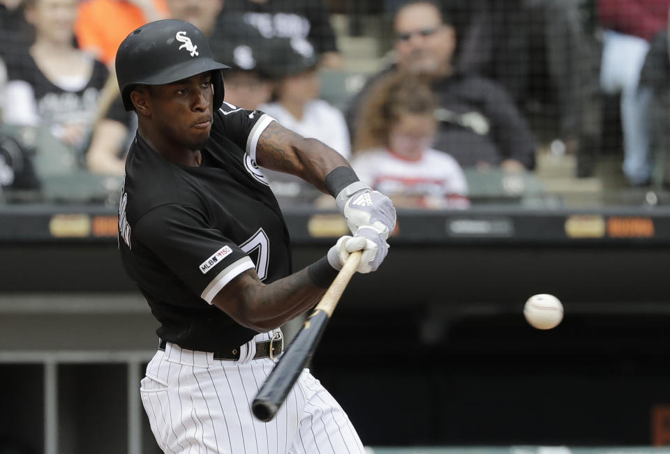 Chicago White Sox's Tim Anderson hits a two-run home run during the fourth inning of a baseball game against the Kansas City Royals in Chicago, Wednesday, April 17, 2019. (AP Photo/Nam Y. Huh)