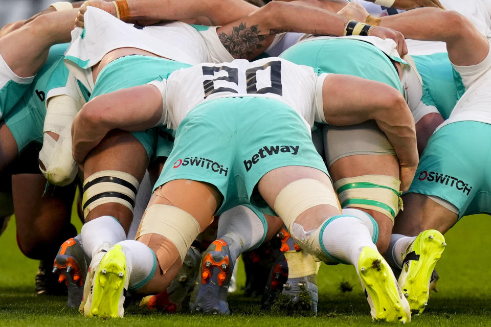 South Africa's Evan Roos scrums with teammates during a rugby test match against Argentina at the Jose Amalfitani stadium in Buenos Aires, Argentina, Saturday, Aug. 5, 2023. (AP Photo/Natacha Pisarenko)