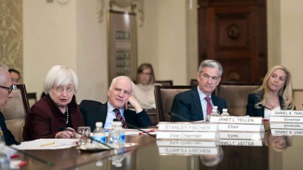PHOTO: Federal Reserve Board Chair Janet Yellen, second from left, oversees an open meeting of the board with board members; Vice Chair Stanley Fischer, Yellen, Daniel Tarullo, Jerome Powell, and Lael Brainard, in Washington, Dec. 15, 2016. (Cliff Owen/AP, FILE)