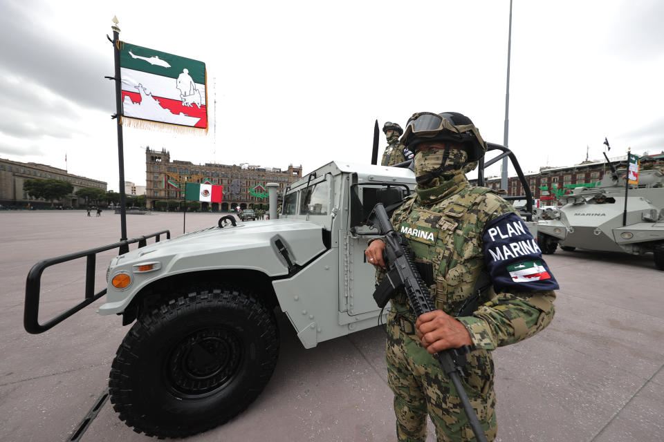 VARIOUS CITIES, MEXICO - SEPTEMBER 16: Mexican soilders pose during the Independence Day military parade at Zocalo Square on September 16, 2020 in Various Cities, Mexico. This year El Zocalo remains closed for general public due to coronavirus restrictions. Every September 16 Mexico celebrates the beginning of the revolution uprising of 1810. (Photo by Hector Vivas/Getty Images)