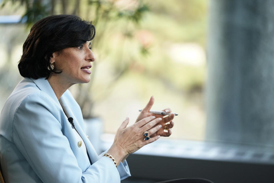 FILE - Dr. Rochelle Walensky, Director of the Centers for Disease Control and Prevention (CDC) speaks during an interview with The Associated Press on Dec. 8, 2021, in Atlanta. One year into Walensky’s tenure as director, her bid to make the CDC more agile is being challenged by political pressures, vocal scientists and the changing virus itself. (AP Photo/Brynn Anderson, File)