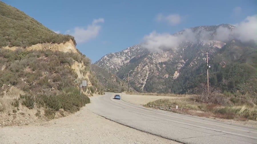 Driving on a remote road in the San Gabriel Mountains in California. (KTLA)