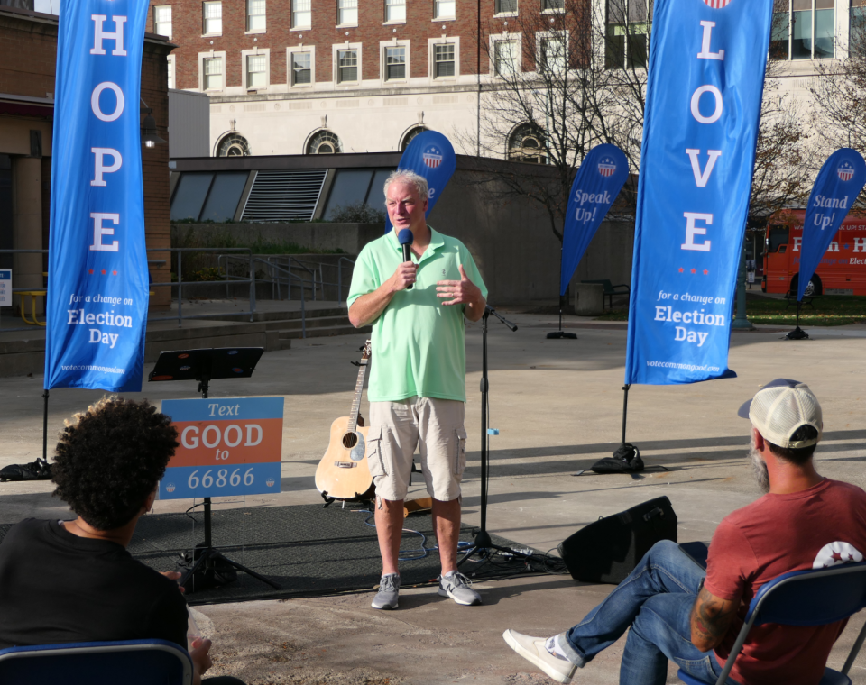 The Rev. Keith Mannes speaks at a rally on Oct. 23 in Canton, Ohio, for Vote Common Good.