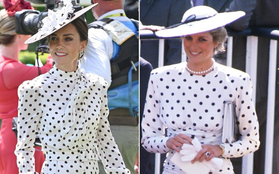 The Princess of Wales wears a white polka-dot outfit to Royal Ascot in 2022 reminiscent of one worn by Princess Diana in 1988