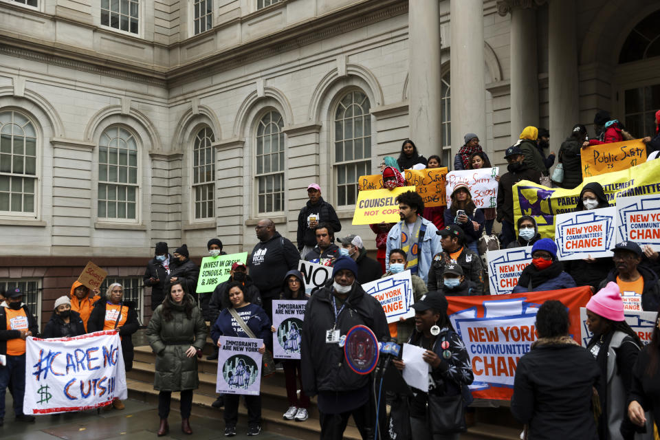 Advocates for people with mental illnesses protest New York City Mayor Eric Adams' plan to force people from the streets and into mental health treatment, Wednesday, Dec. 7, 2022, in New York. (AP Photo/Julia Nikhinson)