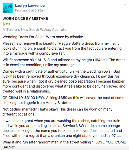 (Photo : Facebook/Newcastle Australia Wedding Buy+Swap+Sell)