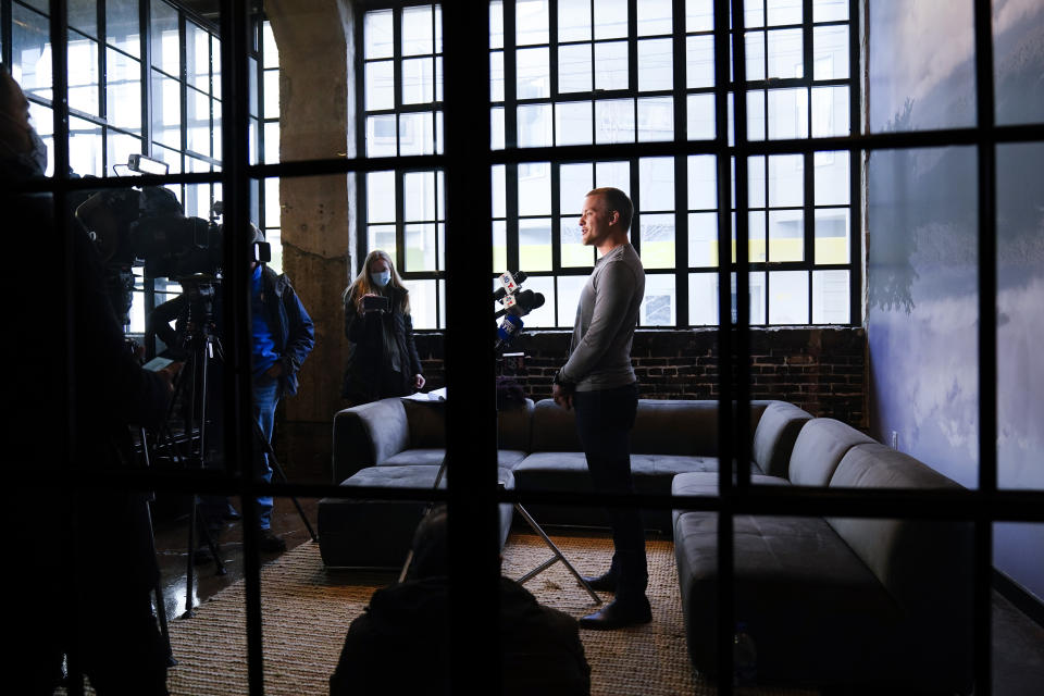 Andrei Doroshin speaks during a news conference in Philadelphia, Friday, Jan. 29, 2021. Philadelphia officials have shut down a COVID-19 vaccine clinic after concerns grew about Dorshin, the 22-year-old graduate student running the effort. (AP Photo/Matt Rourke)