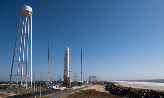 The Orbital Sciences Corporation Antares rocket is seen on the Mid-Atlantic Regional Spaceport (MARS) Pad-0A at the NASA Wallops Flight Facility, Tuesday, April 16, 2013 in Virginia. Liftoff is set for April 17.