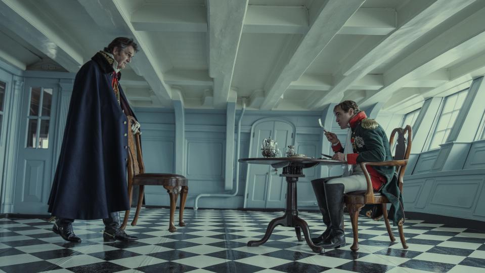 The Duke of Wellington (Rupert Everett, left) meets with Napoleon Bonaparte (Joaquin Phoenix) in "Napoleon."