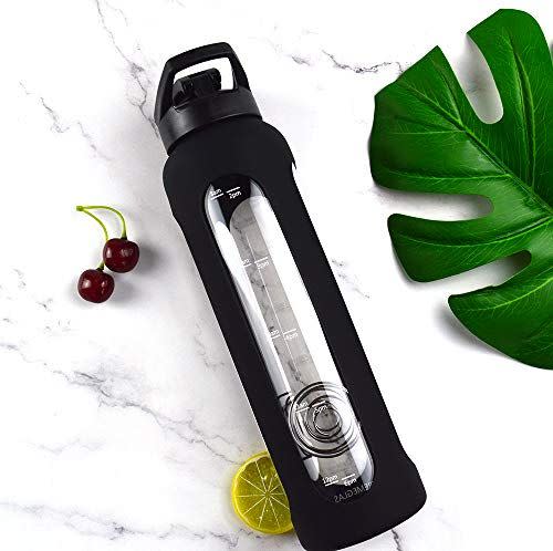 6) 32 Oz Clear Glass Water Bottle Flip Top & Stainless Steel Caps Gym Sports Shaker Bottles Silicone Sleeve 1 Liter Time Marked Measurements BPA Free Travel Tumbler Reusable Daily Intake Water Tracking Juice Carbonated Safe (Black 2 Lids)