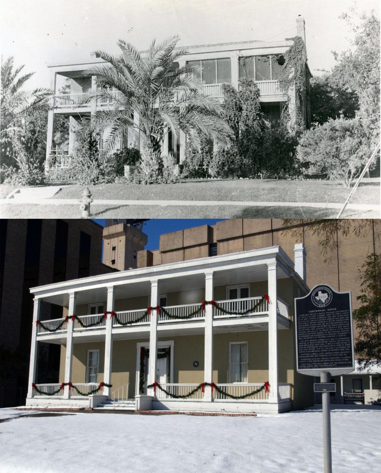 TOP: The Centennial House at 411 N. Upper Broadway was becoming shrouded in vegetation in this undated photo. The home was purchased for restoration by the Corpus Christi Area Heritage Society in 1965. BOTTOM: Caller-TImes photographer George Tuley shot this photo of the Centennial House on Dec. 25, 2004, after the snowfall.