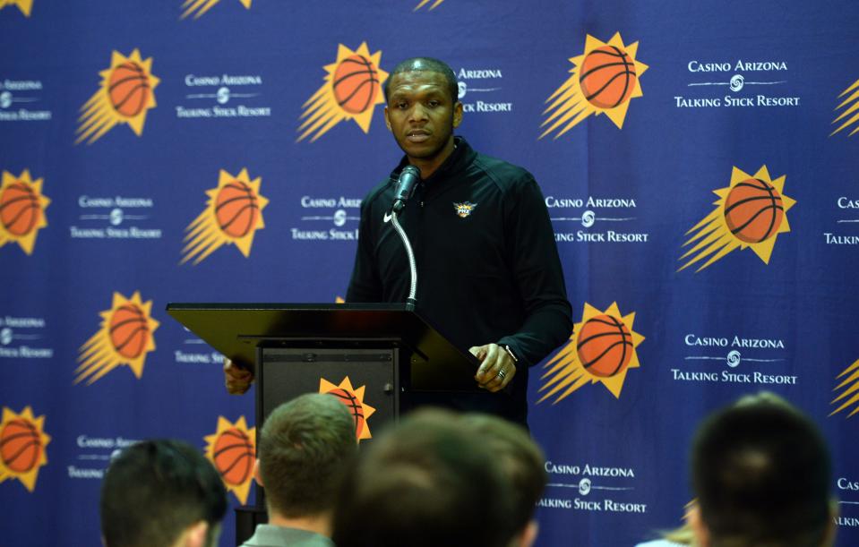 General Manager James Jones answers questions during Suns Media Day on Sept. 30 at Talking Stick Resort Arena.