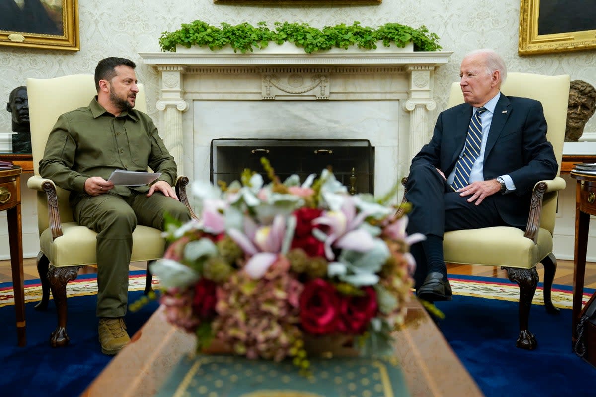 President Joe Biden meets with Ukrainian President Volodymyr Zelenskyy in the Oval Office of the White House, Thursday, Sept. 21, 2023, in Washington. (AP Photo/Evan Vucci) (AP)