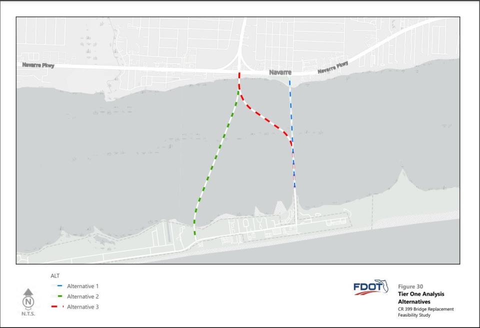 The Florida Department of Transportation has proposed three possible paths for the new bridge that will eventually replace the aging Navarre Beach Causeway Bridge.