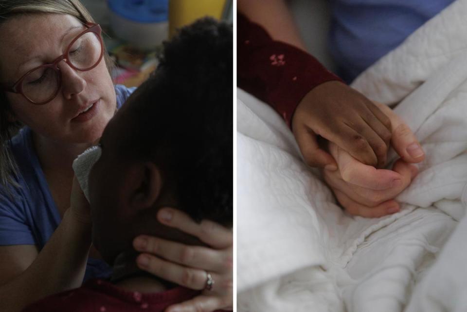 Left: Jessie Sage Cheng wipes her 11-year-old daughter’s face  at their home in Duncanville, TX on April 9, 2024. Right: Jessie Sage Cheng holds her daughter’s hand as they lay in bed together at their home in Duncanville, TX on April 9, 2024. Cheng says her daughter’s absolute favorite thing to do is snuggle with her mom in their bed.