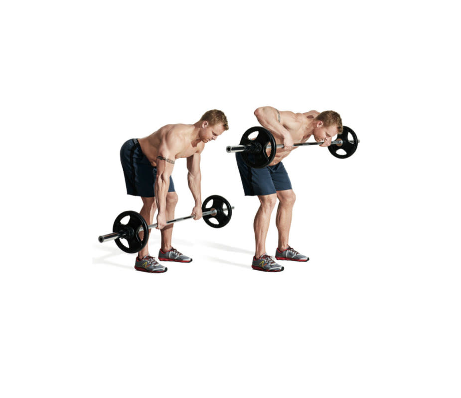 How to do it:<ol><li>Grasp the bar overhand and bend forward so your torso is parallel to the floor. </li><li>Squeeze your shoulder blades together and row the weight to your neck. </li></ol>Pro tip:<p>This is different than a barbell row to your chest, so be sure to use less weight than you would for a barbell row.</p>Variation:<p>Any standing row exercise will work as a variation to this move. Your choice should depend on how far you want to engage your lats and traps.</p>