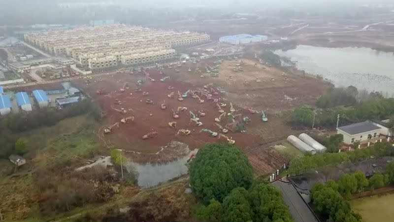 An aerial view shows the construction site of a new hospital dedicated to treating patients with coronavirus, in Wuhan