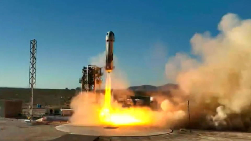 Blue Origin launches its fourth crewed flight of a New Shepard spacecraft on March 31, 2022. / Credit: Blue Origin/CBS News