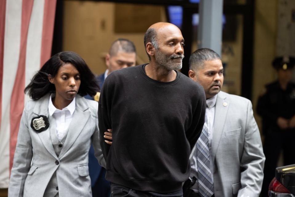 Clifton Williams is led out of the 13th Pct in Manhattan Friday, May 17, 2024, after his arrest for punching actor Steve Buscemi in an unprovoked attack. Robert Mecea