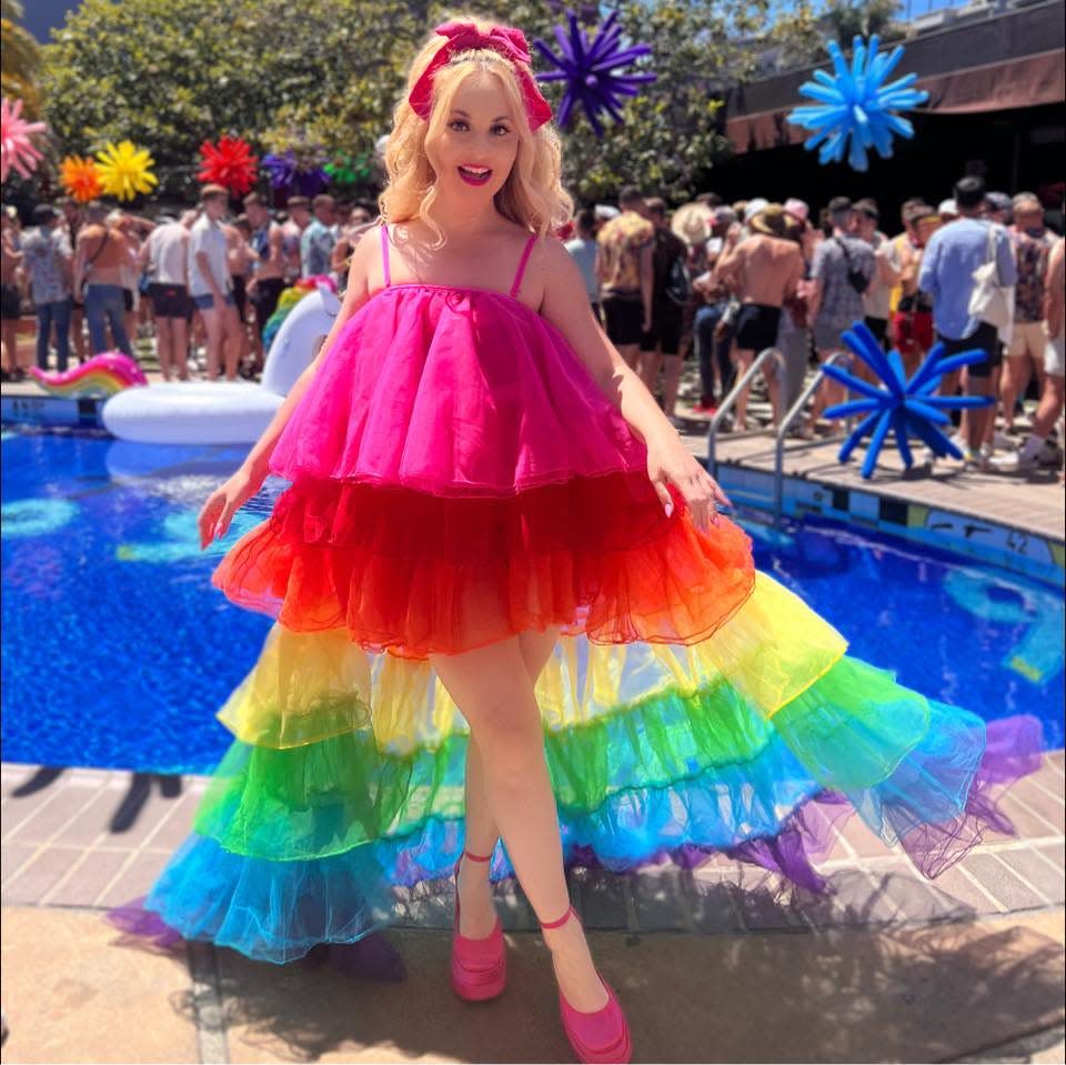 Fashionista Helena Levin aka California Barbie Princess wears rainbow attire during Pride Month in San Francisco in June 2023.