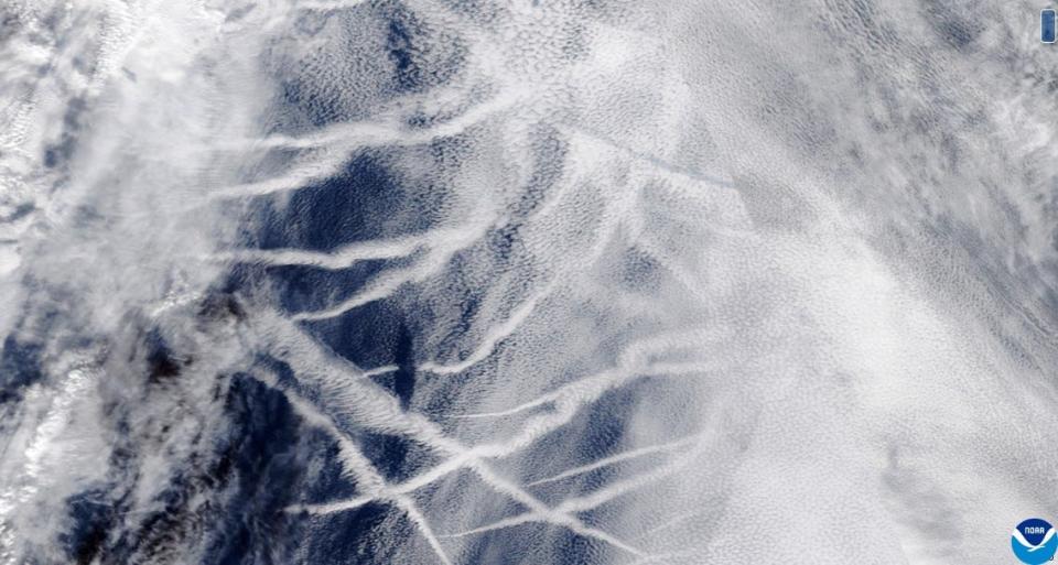 Ship track clouds form in the East Pacific Ocean, as seen from the NOAA-20 satellite on April 24, 2019. These patterns are produced when fine particles from ship exhaust float into a moist layer of atmosphere.