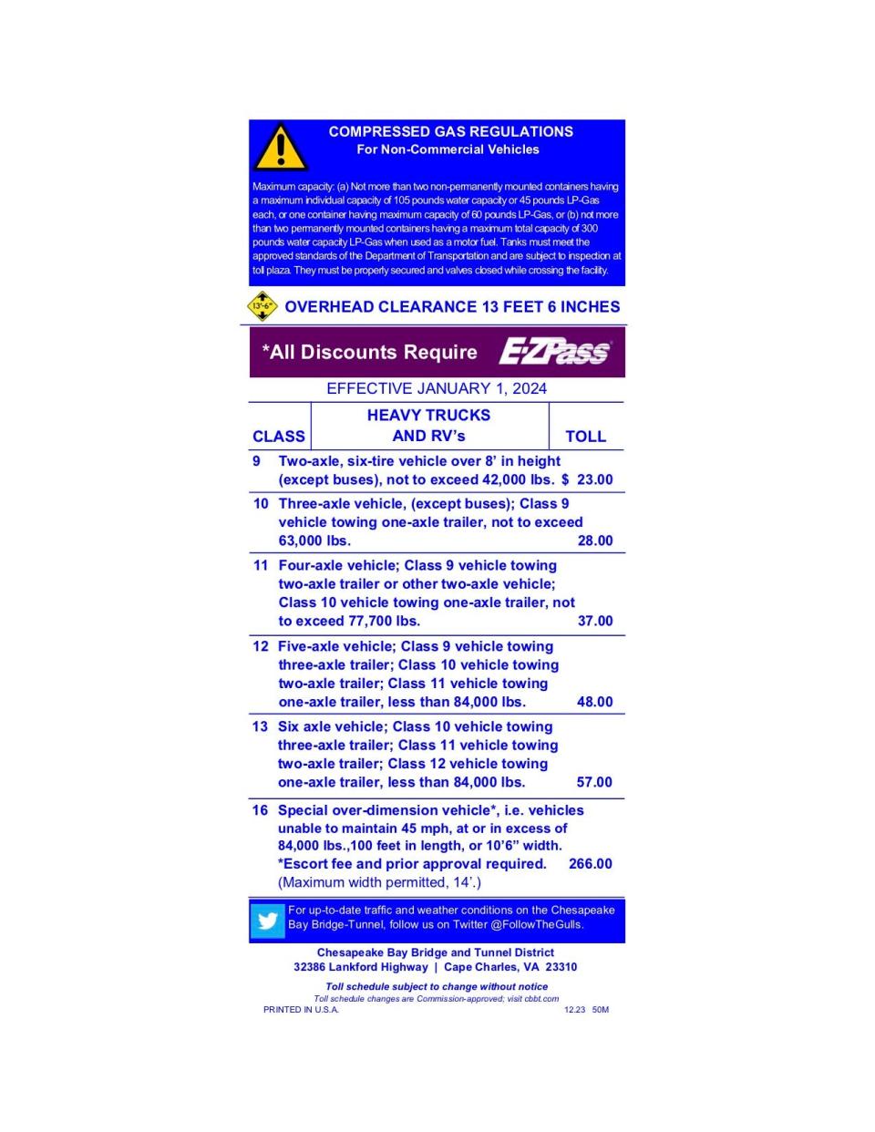 Chesapeake Bay Bridge-Tunnel toll schedule for heavy trucks and RVs starting Jan. 1, 2024.