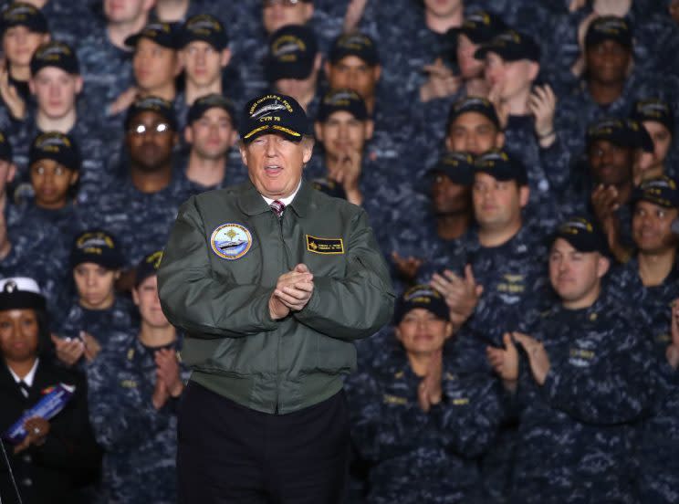 President Donald Trump speaks to members of the U.S. Navy and shipyard workers on board the USS Gerald R. Ford. (Photo: Getty Images)