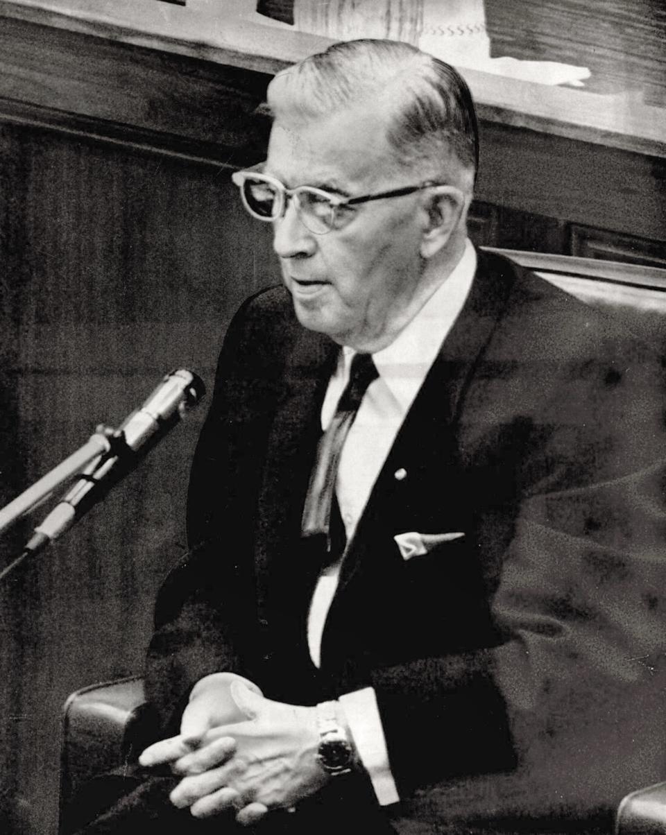 Oklahoma Supreme Court Justice N. B. Johnson speaks the state Senate court of impeachment in 1965 during a bribery scandal.