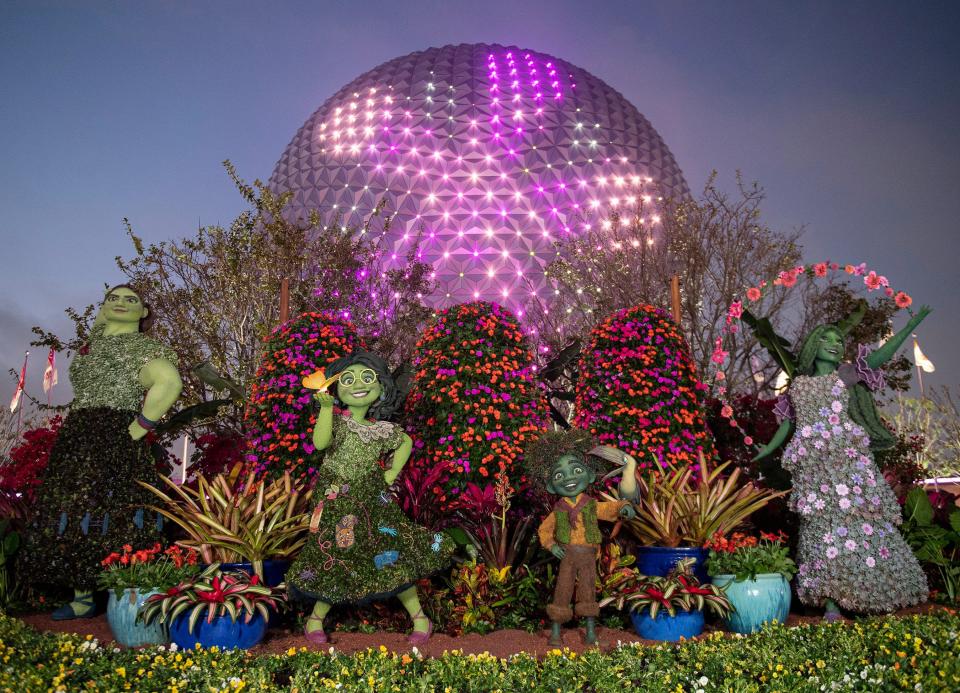 Beginning March 1, guests can enjoy a springtime event filled with enchanting topiaries, brilliant gardens, fresh flavors and lively entertainment at the EPCOT International Flower & Garden Festival. For the first time, innovative topiaries of Mirabel, Antonio, Isabela and Luisa from the Disney animated film “Encanto” will greet guests at the main entrance of EPCOT. (David Roark, photographer)