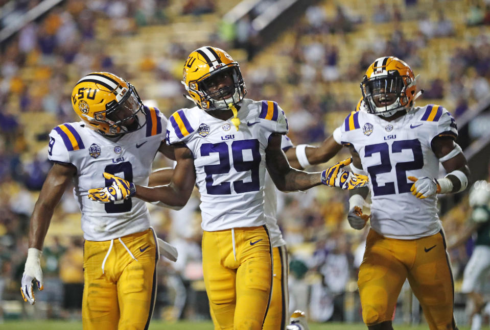 While Greedy Williams (center) may be leaving for the NFL, both Grant Delpit (L) and Kristian Fulton are back in 2019 for LSU. (AP)