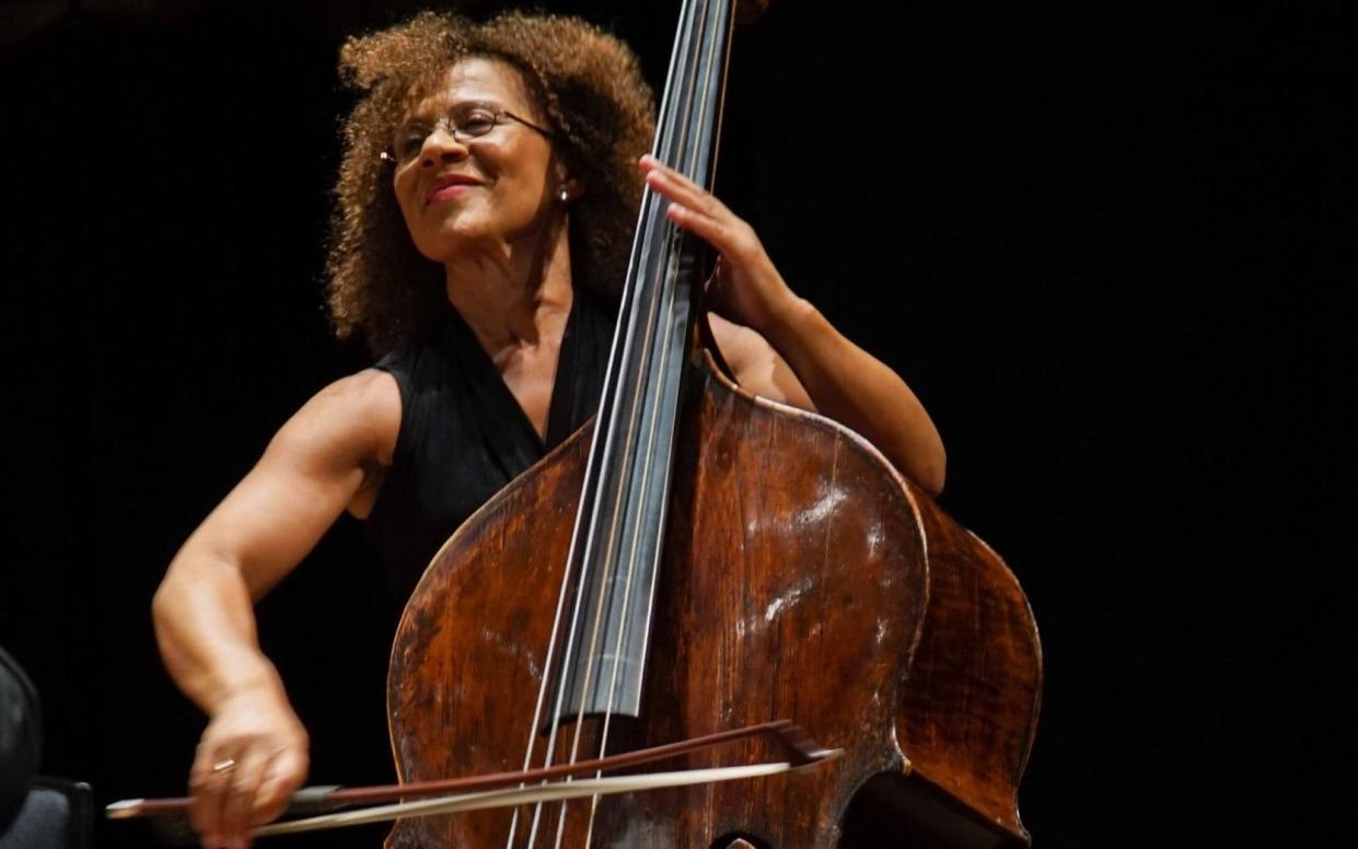 Chineke Orchestra founder Chi-chi Nwanoku playing double bass at the inaugural concert of Chineke! Orchestra in 2015