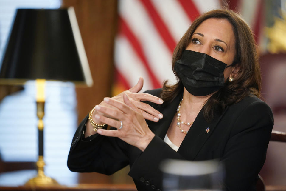 Vice President Kamala Harris speaks during a virtual meeting with outside national security experts in Vice President's ceremonial office at the Eisenhower Executive Office Building on the White House complex in Washington, Wednesday, April 14, 2021. (AP Photo/Carolyn Kaster)